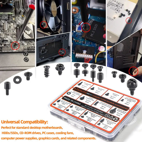 Hassle Free 450 Piece Computer Screw Kit For PC Building And Repairing showing screws, fasteners, and SSD mounting hardware.