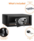 Sturdy Steel Security Safe With Digital Keypad And Electronic Lock, Emergency Key Override, Black, 0.7 Cubic Feet, accessories included.
