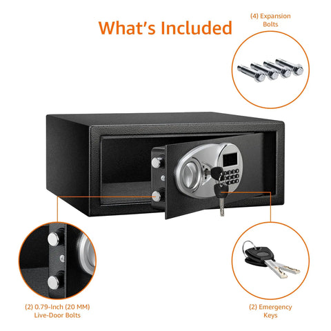Sturdy Steel Security Safe With Digital Keypad And Electronic Lock, Emergency Key Override, Black, 0.7 Cubic Feet, accessories included.