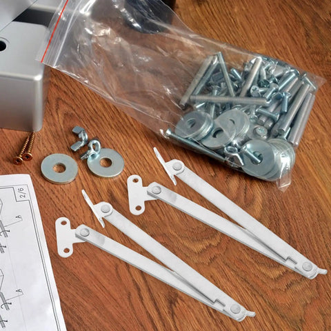 Foldable Stainless Steel Lid Support Hinges 2 Pack Easy To Install with screws and washers on wooden surface