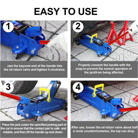 Horizontal Hydraulic Jack Handle 2 Ton Replacement For Automotive Cars With Included Rubber Gloves shown in step-by-step usage