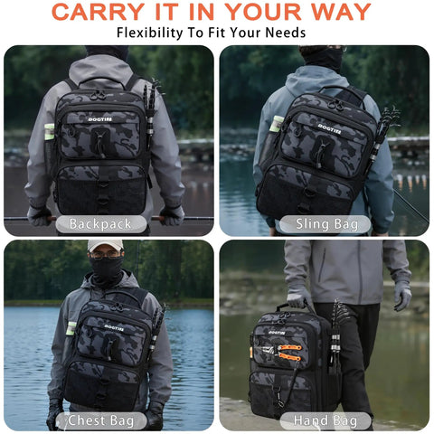 All In One Fishing Backpack Kit With 139 Lures Tackle Boxes Pliers Scissors And Gear 25L Lightweight Camo Bag display