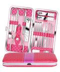 18 Piece Manicure And Pedicure Set With Stainless Steel Tools, Travel Hygiene Kit in pink leather case opened to show tools
