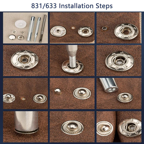 Installation steps of 7 Pack Leather Rivet Setter Tools Kit For Leathercraft with Die Punch Snap Fasteners and Tubular Studs on leather.
