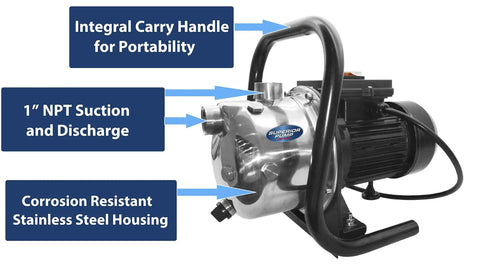 Portable Sprinkler Pump 1 HP Stainless Steel Workhorse for Yard Watering Up To 830 GPH, Black, with Carry Handle, 1 Inch NPT