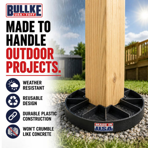 Round Floating Deck Block Pedestals for Pier and Shed Foundations, Heavy Duty Handi Block USA Made 6 Pack, under wooden post in outdoor setting.