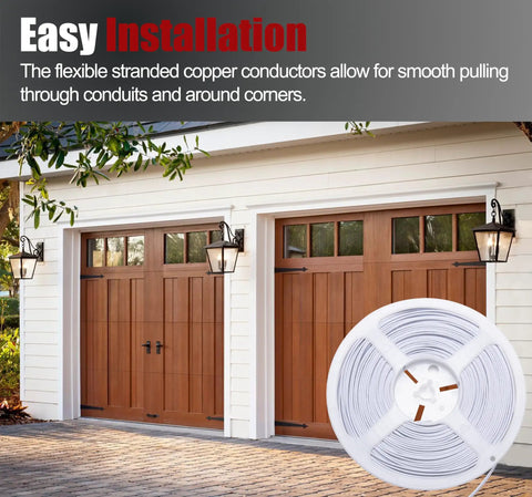 Universal 24/2 AWG 100 Feet Bell Wire For Garage Doors And More, cable displayed before brown garage doors