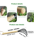 15 Inch Garden Rake With 5 Prong Steel Head And Solid Wood Handle For Gardening Beach Combing And Soil Loosening Comfortable Grip And Reinforced Rivet Construction Heavy Duty Outdoor Tool For Yard Work with size and material details