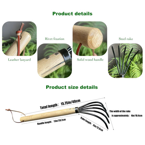 15 Inch Garden Rake With 5 Prong Steel Head And Solid Wood Handle For Gardening Beach Combing And Soil Loosening Comfortable Grip And Reinforced Rivet Construction Heavy Duty Outdoor Tool For Yard Work with size and material details
