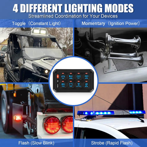 8 Gang RGB Switch Panel With 5 Level Brightness Button For Universal Automotive Circuit Control, showing different lighting modes