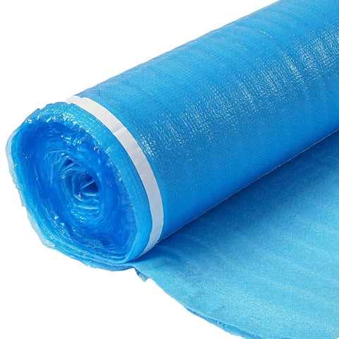 Rock Solid No Sweat Floor Underlayment 600 Square Feet 2 Mm Thick EPE Foam Padding with vapor barrier, close-up of rolled blue foam.
