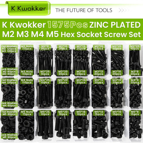Nut And Bolt Kit With 1570Pcs M2 To M5 Hex Socket Head Screws, Nuts, Washers And Lock Washers, Zinc Plated Alloy Steel Fasteners