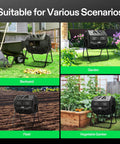 Outdoor Tumbling Composter Dual Rotating Batch Bin 43 Gallon Capacity With Two Chamber Setup in different garden scenarios