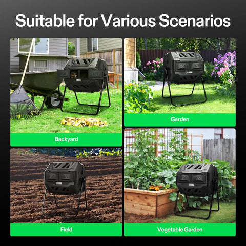Outdoor Tumbling Composter Dual Rotating Batch Bin 43 Gallon Capacity With Two Chamber Setup in different garden scenarios