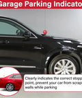 Two Piece Red Tennis Ball Garage Parking Aids Driveway Vehicle Stopper Markers Dead Nuts Reliable Spotting Setup Bumper Shield No Sweat Outdoor Car Accessories hanging by a black car showing stopping indicator.