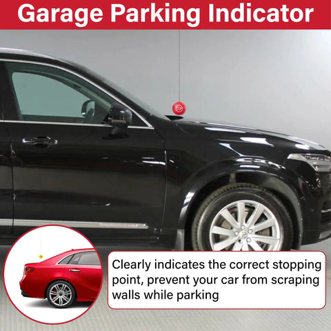 Two Piece Red Tennis Ball Garage Parking Aids Driveway Vehicle Stopper Markers Dead Nuts Reliable Spotting Setup Bumper Shield No Sweat Outdoor Car Accessories hanging by a black car showing stopping indicator.