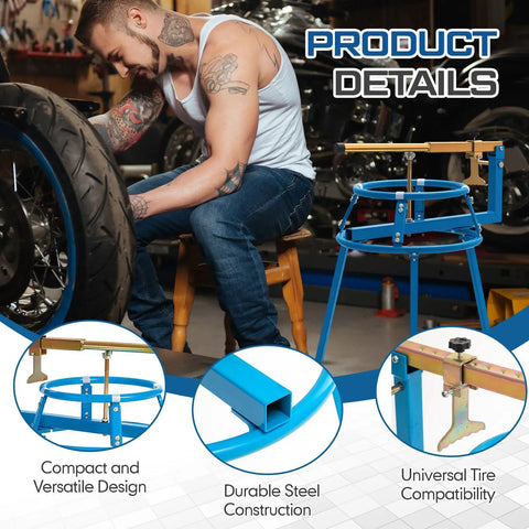 Heavy Duty Pro Grade Motorcycle Tire Changer Stand for 16 to 24 Inch Tires with adjustable bead popper and lever handle in use