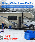 Blue heated RV water hose with fittings, 30 ft, front view, coiled in foreground beside a snowy motorhome.
