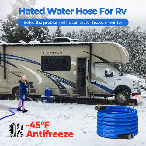 Blue heated RV water hose with fittings, 30 ft, front view, coiled in foreground beside a snowy motorhome.