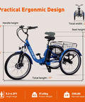 Three Wheel Electric Tricycle for Adults With Removable 48V 13Ah Battery, UL 2849 and UL 2272 Certified, Assembly Required, Comfortable City Cruiser for Shopping and Commuting, Safe Stable Ride and Easy Maneuverability, blue 24-inch wheels, 71-inch length