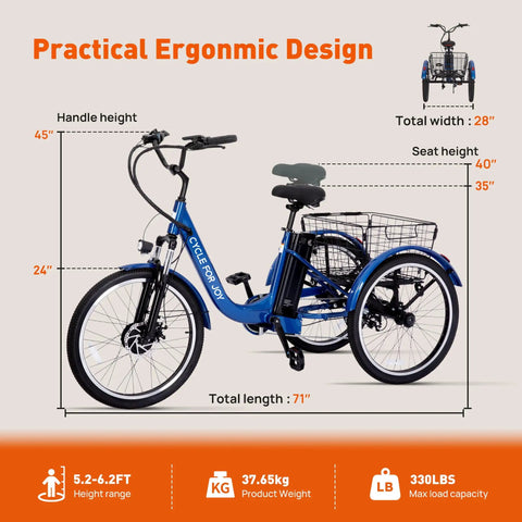 Three Wheel Electric Tricycle for Adults With Removable 48V 13Ah Battery, UL 2849 and UL 2272 Certified, Assembly Required, Comfortable City Cruiser for Shopping and Commuting, Safe Stable Ride and Easy Maneuverability, blue 24-inch wheels, 71-inch length