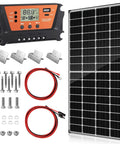 Dual Glass Bifacial 100W Solar Panel Kit With 10A PWM Charge Controller, cables, connectors, and mounting brackets visible