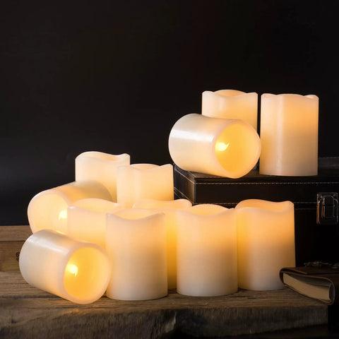 12 Pack Flameless Candles With Real Wax Battery Operated LED Pillar Candles Unscented Ivory Color Including Remote Control.