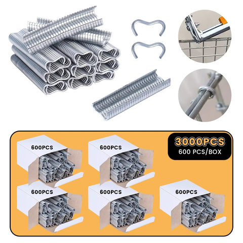 Image showing Hog Ring Pliers Kit Type M With 3000 M Clips for Fencing and Animal Cages, 600 clips per box, metal rings and application in use.