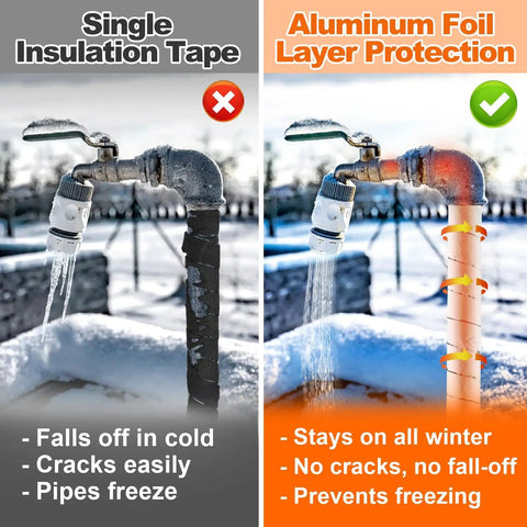 Comparison of single insulation tape and 32.8 Ft Pipe Insulation Tape Wrap With Aluminum Foil Self Adhesive Foam for weatherproofing pipes.