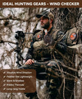 Top Shelf Wind Direction Indicator Refill For Hunters And Woodsmen Using Natural Plant Fibers To Read Downwind Air Currents Smoothly Without Messy Talc Powder Dust 25 Gram Pack shown on hunter in camo gear in tree.