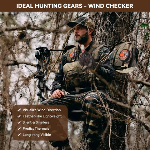 Top Shelf Wind Direction Indicator Refill For Hunters And Woodsmen Using Natural Plant Fibers To Read Downwind Air Currents Smoothly Without Messy Talc Powder Dust 25 Gram Pack shown on hunter in camo gear in tree.