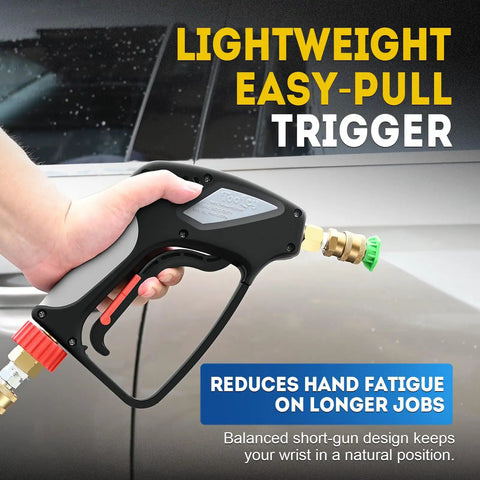 Person holding Beast Mode 5000 PSI Pressure Washer Gun With 360 Swivel Inlet Ergonomic Short Spray Gun With Nozzle Tips