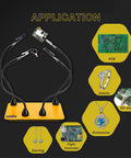 Applications of Third Hand Soldering Tool With Four Magnetic Gooseneck Arms And Stainless Clips showcasing uses with PCB, jewelry, and crafts.