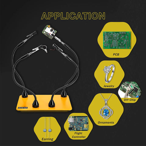 Applications of Third Hand Soldering Tool With Four Magnetic Gooseneck Arms And Stainless Clips showcasing uses with PCB, jewelry, and crafts.