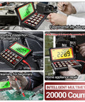 Collage showcasing Beast Pro Grade Automotive Multimeter with 20000 Counts, Flip LCD in car diagnostics and home appliance repair.