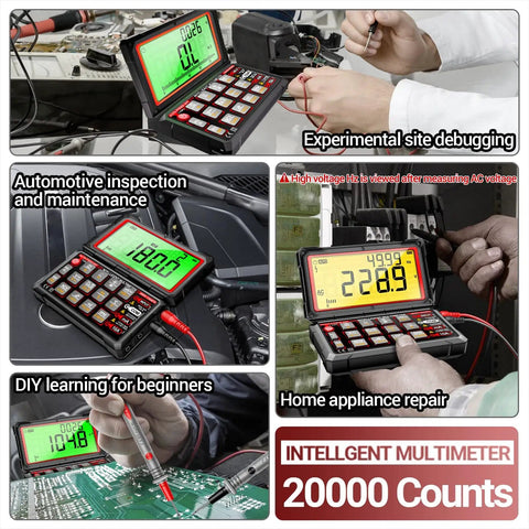 Collage showcasing Beast Pro Grade Automotive Multimeter with 20000 Counts, Flip LCD in car diagnostics and home appliance repair.