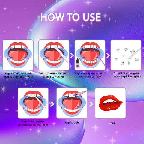 Step-by-step guide on using Diy Tooth Gem Kit With Safe Crystals for fashionable smiles, showing application and finishing look.