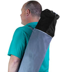 Man carrying Ultra Easy Fold Up Outdoor Camping Chair For Adults With Mesh Back And Wide Seat on shoulder in gray carrying bag