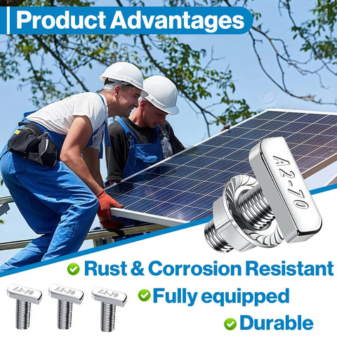 Built Tough 20 Pack M8x20mm T Slot Bolts Crafted From 304 Stainless Steel Zero Rust Industrial Hardware For Solar Mounting Aluminum Extrusions And Warehouse Rack Systems Badass Durability Guaranteed with two workers installing solar panels.