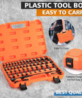 One Quarter Inch Drive Impact Socket Set With Fifty Six Pieces Featuring SAE And Metric Six Point Sockets Includes CR V Ratchet Handle All In One Heavy Duty Extension Bars Universal Joint And Durable Carry Case.