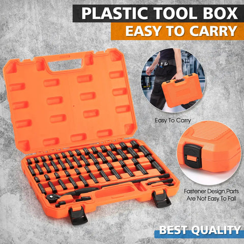 One Quarter Inch Drive Impact Socket Set With Fifty Six Pieces Featuring SAE And Metric Six Point Sockets Includes CR V Ratchet Handle All In One Heavy Duty Extension Bars Universal Joint And Durable Carry Case.