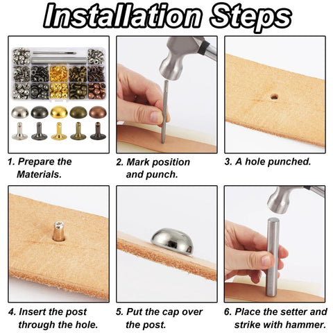 Installation steps for 150 Piece Leather Rivets Set With 12x6mm Round Dome Rivets and Mushroom Rivets Kit