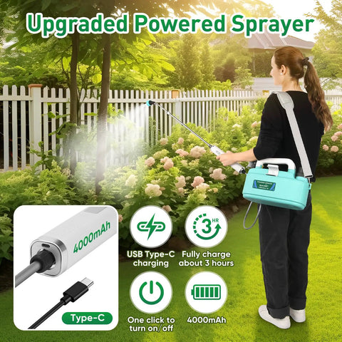 Woman using the Powerful Battery Powered Sprayer 1.35 Gallon 4000mAh Electric Garden Sprayer in garden