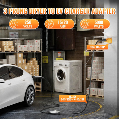 Heavy Duty 30 Amp To 20 Amp Dryer To Electric Vehicle Charger Adapter Nema 10 30P To 5 15 20R Male Plug in use with EV.