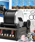 Rock Tumbler Kit With Quiet 2.5Lb Rubber Barrel Rotary Polisher Three Speeds Nine Day Timer With Memory Function Full Accessory Set