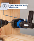 Pocket Hole Jig For Woodworking And Carpentry, Compatible With Materials From Half To One And A Half Inch Thick, being used on wood