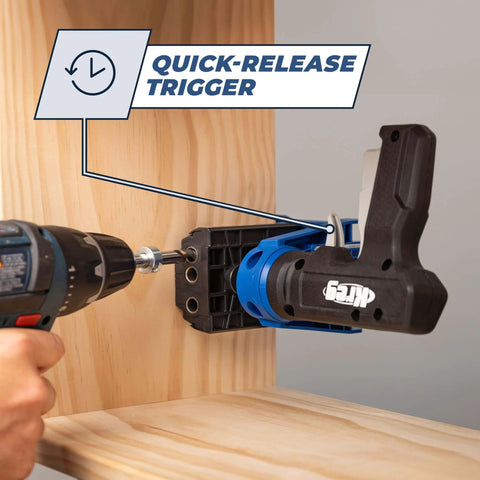 Pocket Hole Jig For Woodworking And Carpentry, Compatible With Materials From Half To One And A Half Inch Thick, being used on wood