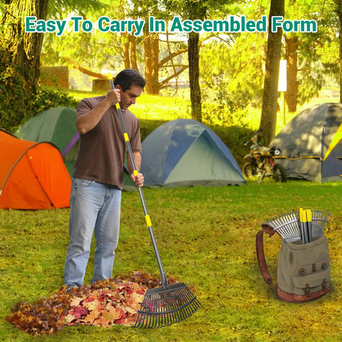 Person using Adjustable Garden Rake With 36 To 73 Inch Extendable Handle 18 Inch Wide Head 25 Metal Tines for yard cleanup