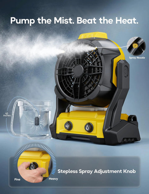 Cordless Misting Fan For DeWalt 20V Max Battery, Personal Cooling On The Go, with spray nozzle and speed adjustment knob