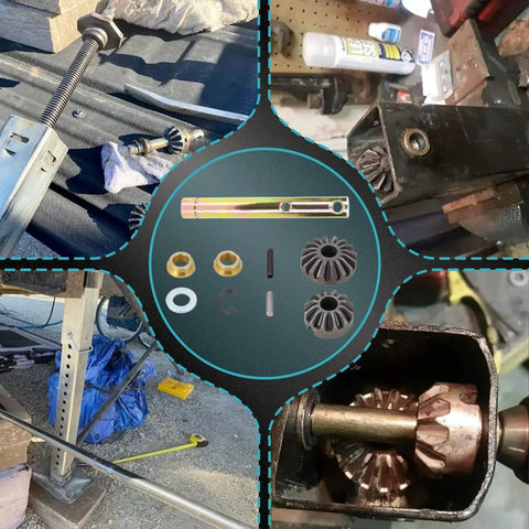 Power Landing Gear Repair Kit For 5th Wheel RV Follow Leg Replacement showing bevel gears, drive shaft, and bushings.